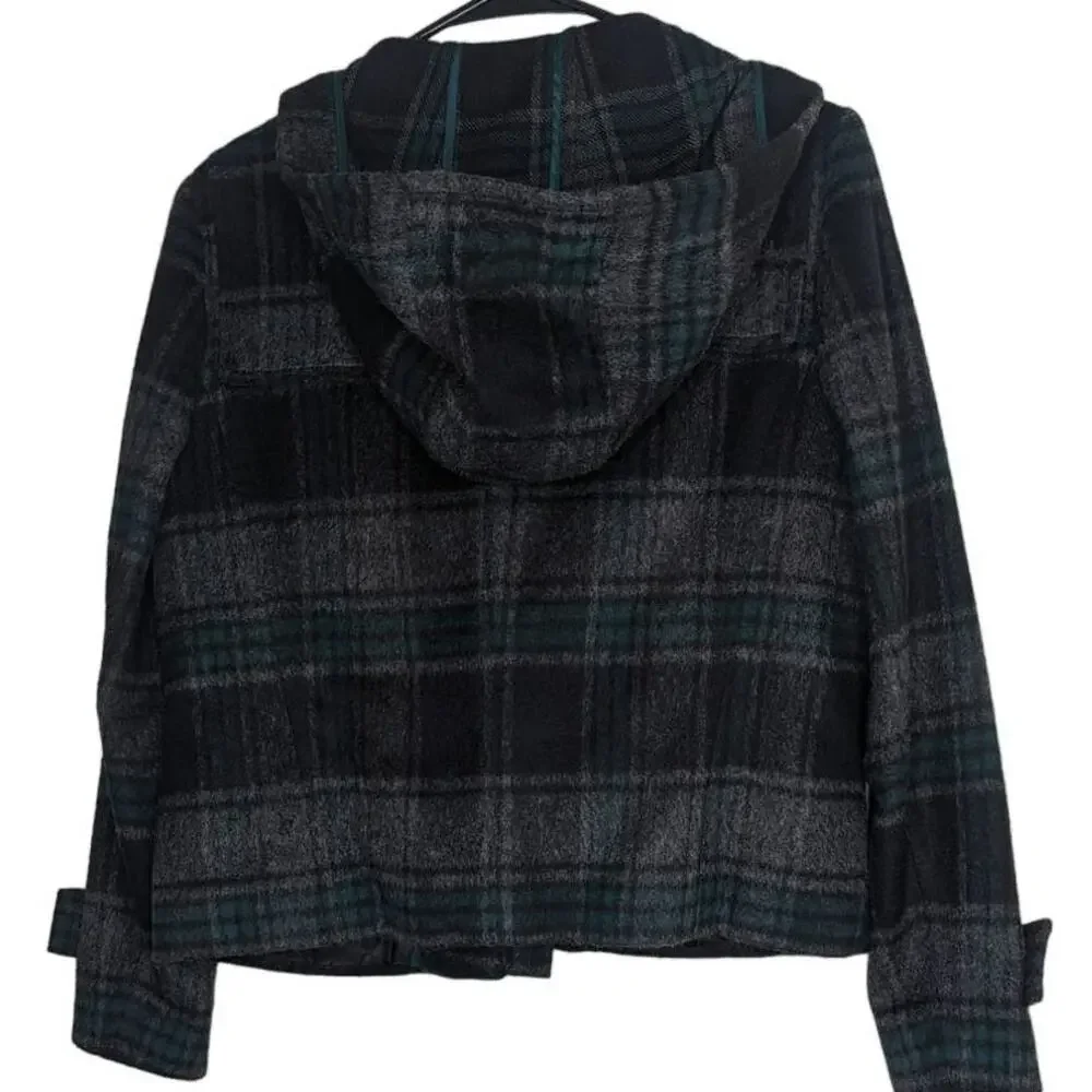 Hinge Wool Blend hooded jacket black green Tartan Plaid xsmall - Picture 2 of 13